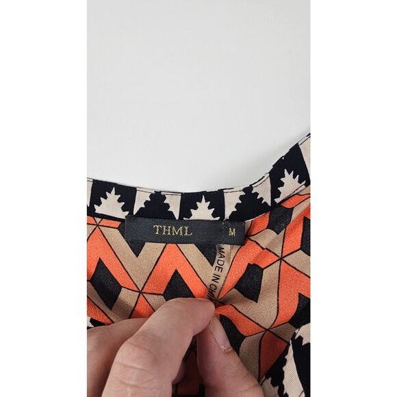 Thml Anthro orange geometric peasant boho blouse split neck cottagecore M EUC ^^ - Picture 4 of 7